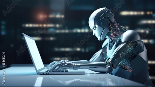 Modern robot typing on laptop