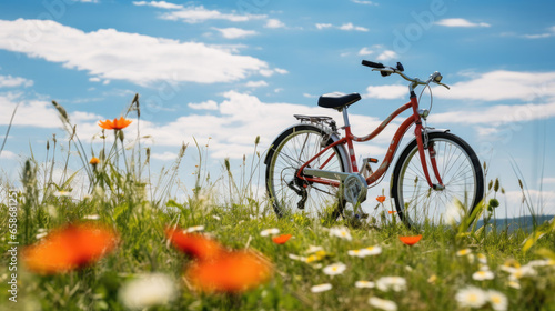 Beautiful spring summer natural landscape with a bicycle on a flowering meadow against a blue sky with clouds on a bright sunny day. © Oulailux