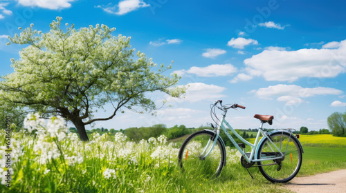 Beautiful spring summer natural landscape with a bicycle on a flowering meadow against a blue sky with clouds on a bright sunny day.