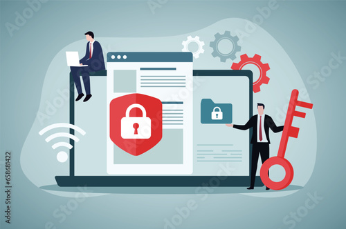 Tiny people protecting social media accounts with shield. Persons networking with phone or laptop flat vector illustration. Cyber security concept for banner, website design or landing web page