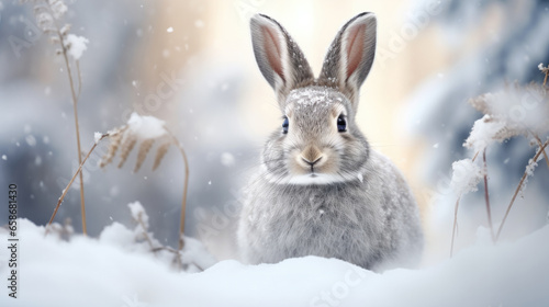 Cute gray hare in a beautiful snowy winter forest. AI generated. © Oulailux