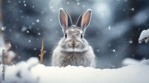 Cute gray hare in a beautiful snowy winter forest. AI generated. © Oulailux