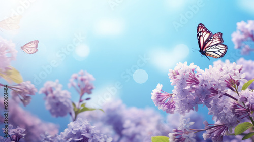Floral spring natural blue background with fluffy airy lilac flowers on meadow and fluttering butterflies on blue sky background.