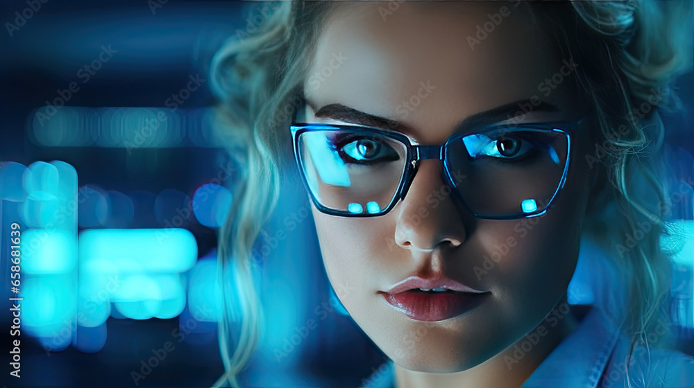 Close up face of professional it specialist female wear glasses using device writing code computer network maintenance. Generative Ai Close up face of professional it specialist female wear glasses using device writing code computer network maintenance. Generative Ai