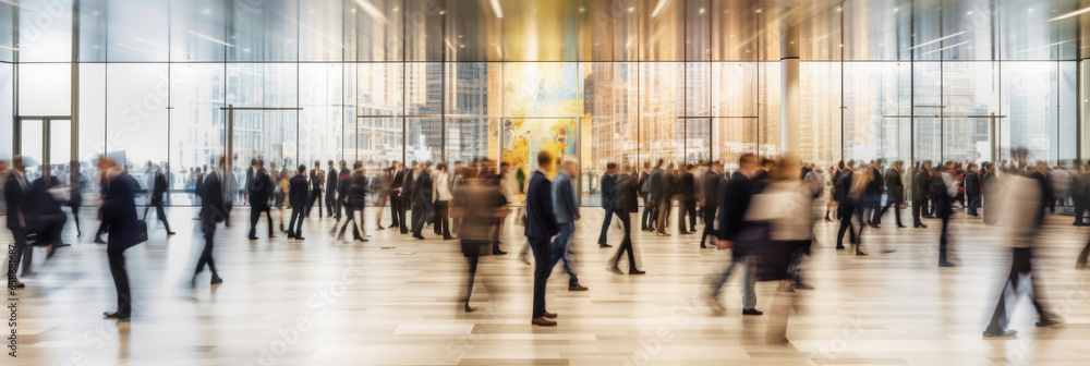 Obraz premium Crowd of business people walking in bright office lobby fast moving with blurry. Generative Ai