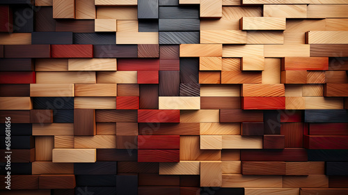 Wood Tiles arranged to create a Soft sheen wall. Natural, 3D Background formed from wooden blocks. 3D Render