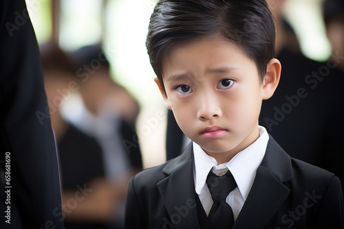 Portrait of little asian boy with sad expression.Funeral concept