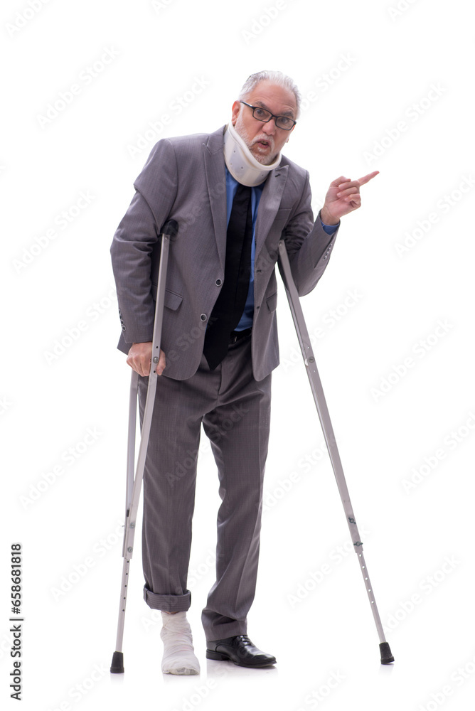 Old businessman after car accident isolated on white