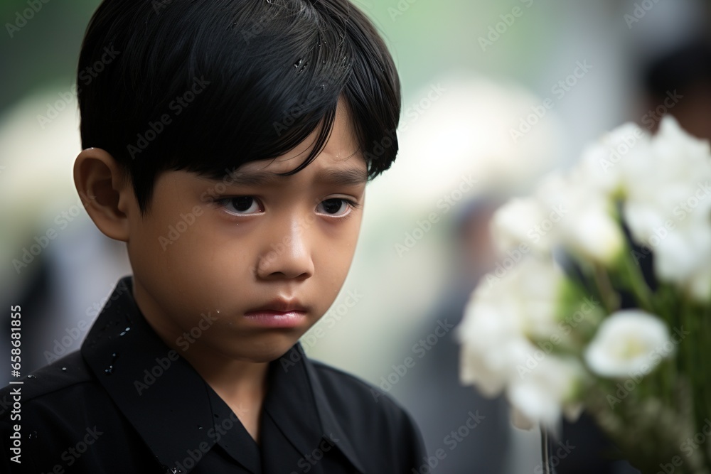 Portrait of little asian boy with sad expression.Funeral concept Portrait of little asian boy with sad expression.Funeral concept