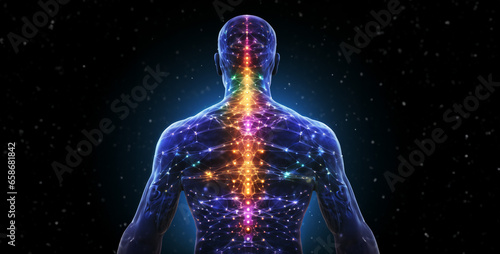 3d rendered illustration of a person, Digital illustration of the chakras and energy points on backbone