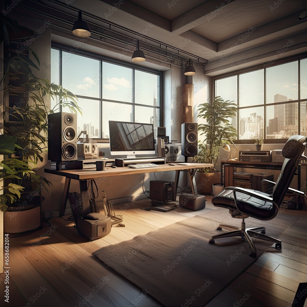 Fototapeta premium Inside the modern loft office there is a beautiful view outside. The images are created with AI.