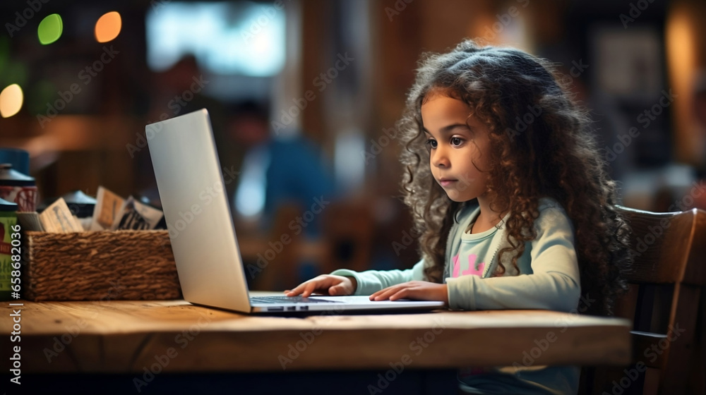 Young Latin Girl Using a Laptop, Generated AI Young Latin Girl Using a Laptop, Generated AI