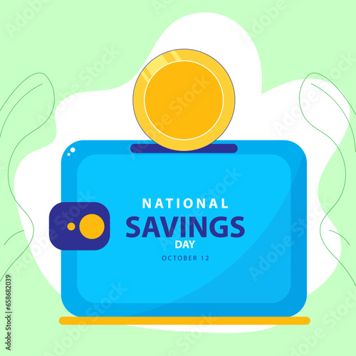 National Savings Day on october 12, With concept a wallet-shaped money box and a coins vector illustration and text isolated on abstract background for commemorate and celebrate National Savings Day.