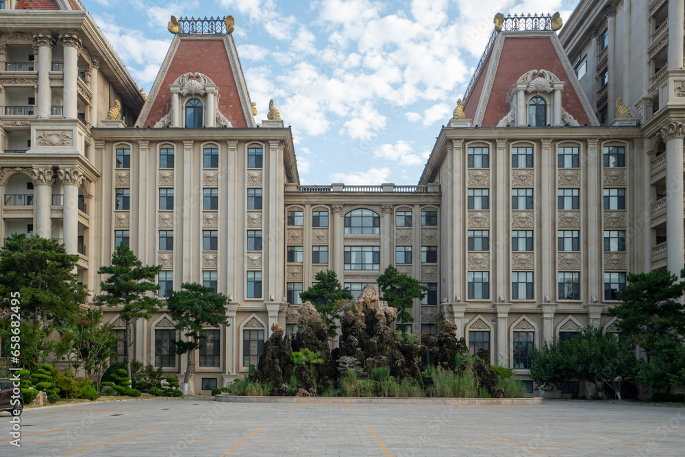 Luxury European style castle hotel architecture and plaza