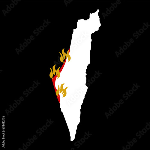 Hamas attack on Israel. Stop war. Save Israeli. Stylized map of Israel with attacked burning territories and flame. Militants and terrorists from the Gaza Strip captured territory vector illustration