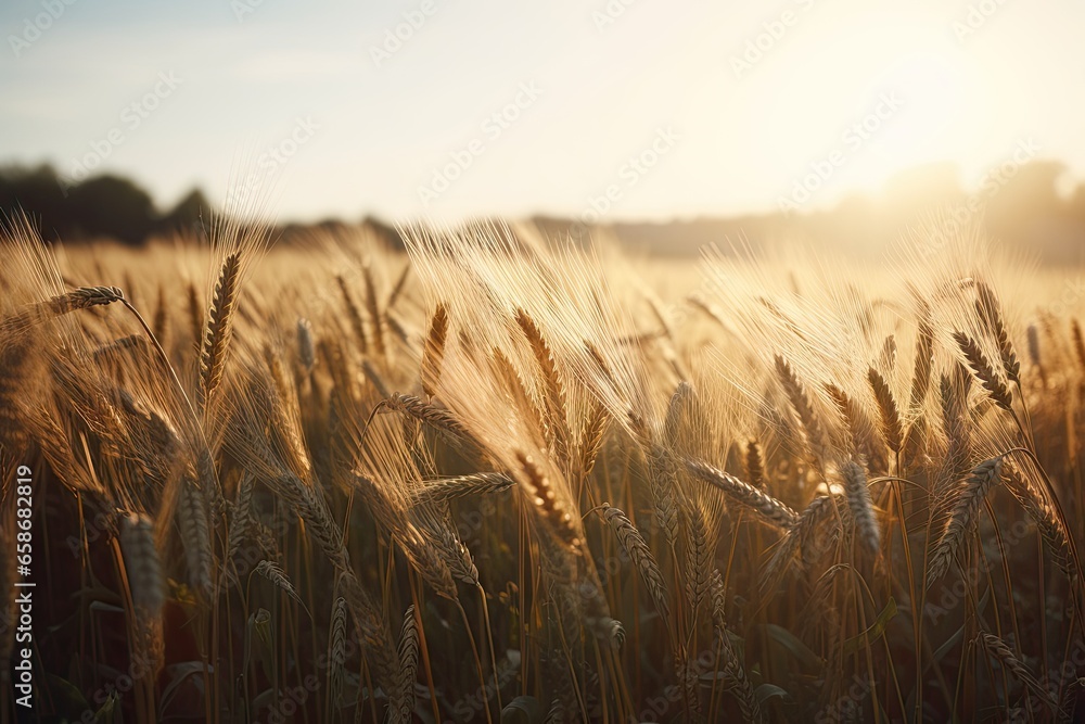 Golden harvest. Bounty of wheat in summer sunset. Rural riches. Fields of golden wheat under setting sun. Cultivating abundance. Beauty of wheat in countryside