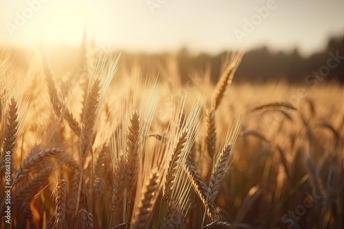 Golden harvest. Bounty of wheat in summer sunset. Rural riches. Fields of golden wheat under setting sun. Cultivating abundance. Beauty of wheat in countryside