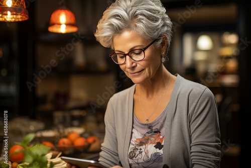 A senior woman, wearing reading glasses, attentively sets a medication reminder on her smartphone, providing a glimpse into the convergence of technology and daily living for the elderly photo