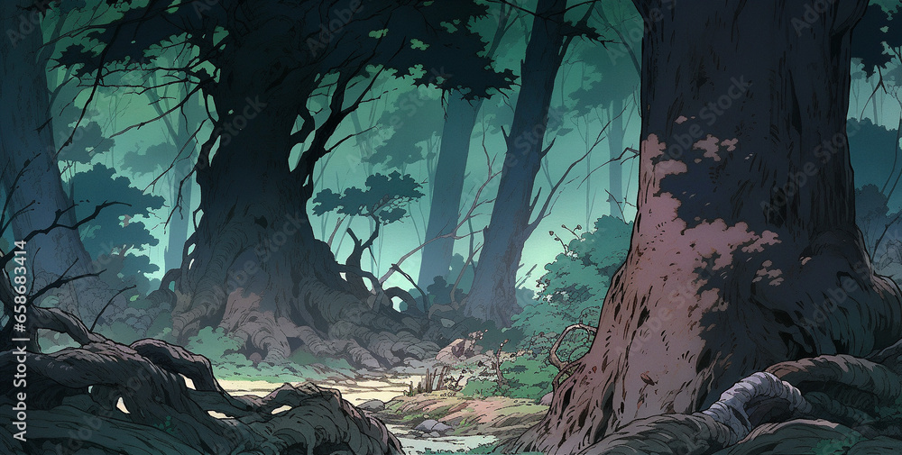 Fogbound Fantasy: Anime-style Illustration of a Creepy Grove, Generative AI