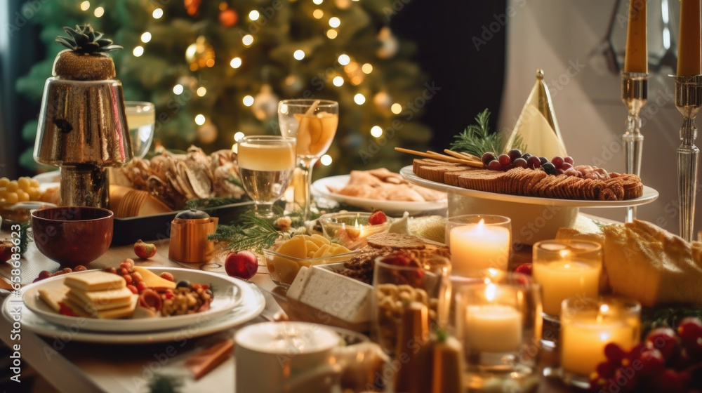 Dinner table full of dishes with food and snacks, Christmas and New Year's decor with a Christmas tree on the background. Generative Ai