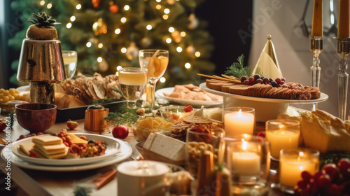Dinner table full of dishes with food and snacks  Christmas and New Year s decor with a Christmas tree on the background. Generative Ai