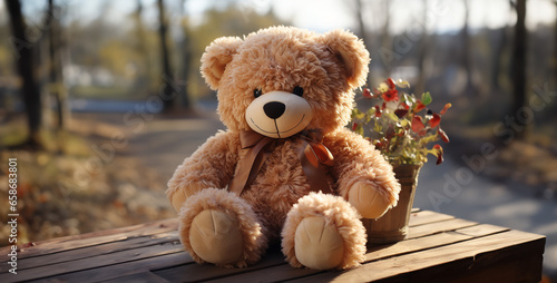 teddy bear on the bench, teddy bear smiling, teddy bear outside home