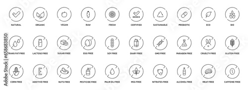 Natural products icons set. Organic. Eco-products. Without GMOs, allergens and other additives. Vector photo