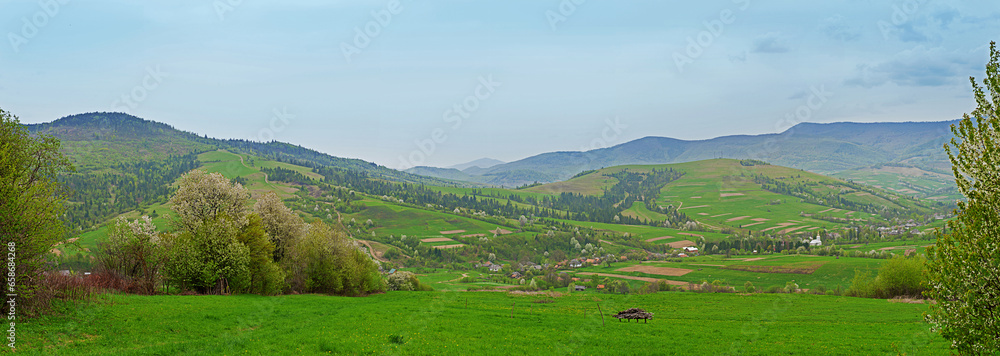 Mountain spring summer landscape horizontal panorama Ukrainian Carpathians mountains
