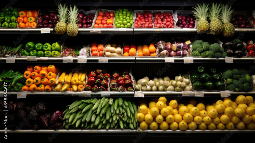 Fruits and Vegetables on shelf in supermarket. Generative Ai