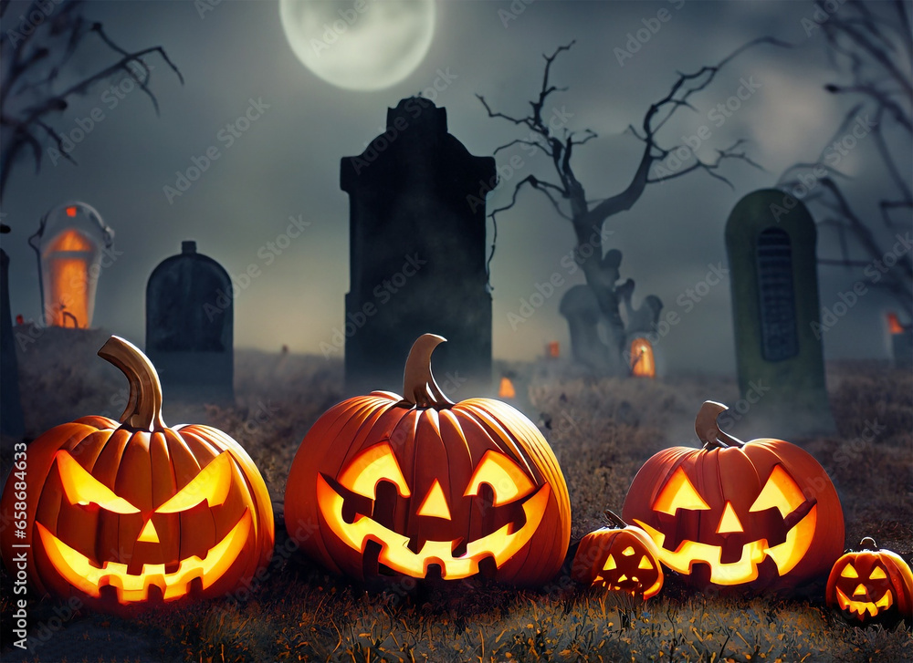 Spooky Halloween graveyard with pumpkins. Halloween theme