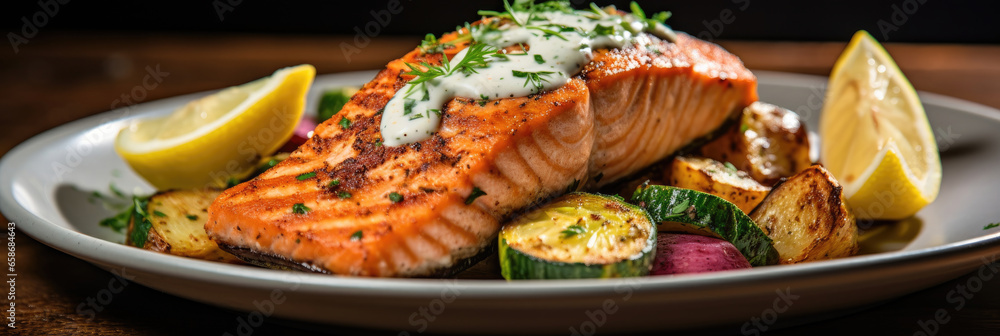 Grilled salmon with colorful veggies and lemon herb sauce in restaurant. Generative Ai