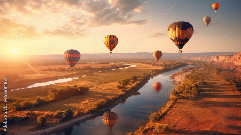 Group of Hot air balloons flying over beautiful landscape and river. Generative Ai - obrazy, fototapety, plakaty 