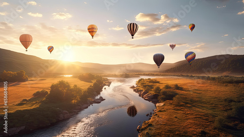 Group of Hot air balloons flying over beautiful landscape and river. Generative Ai