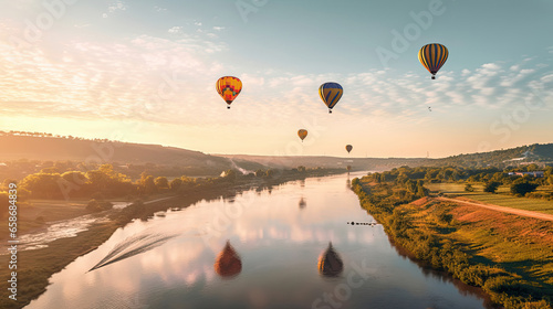 Group of Hot air balloons flying over beautiful landscape and river. Generative Ai © tong2530