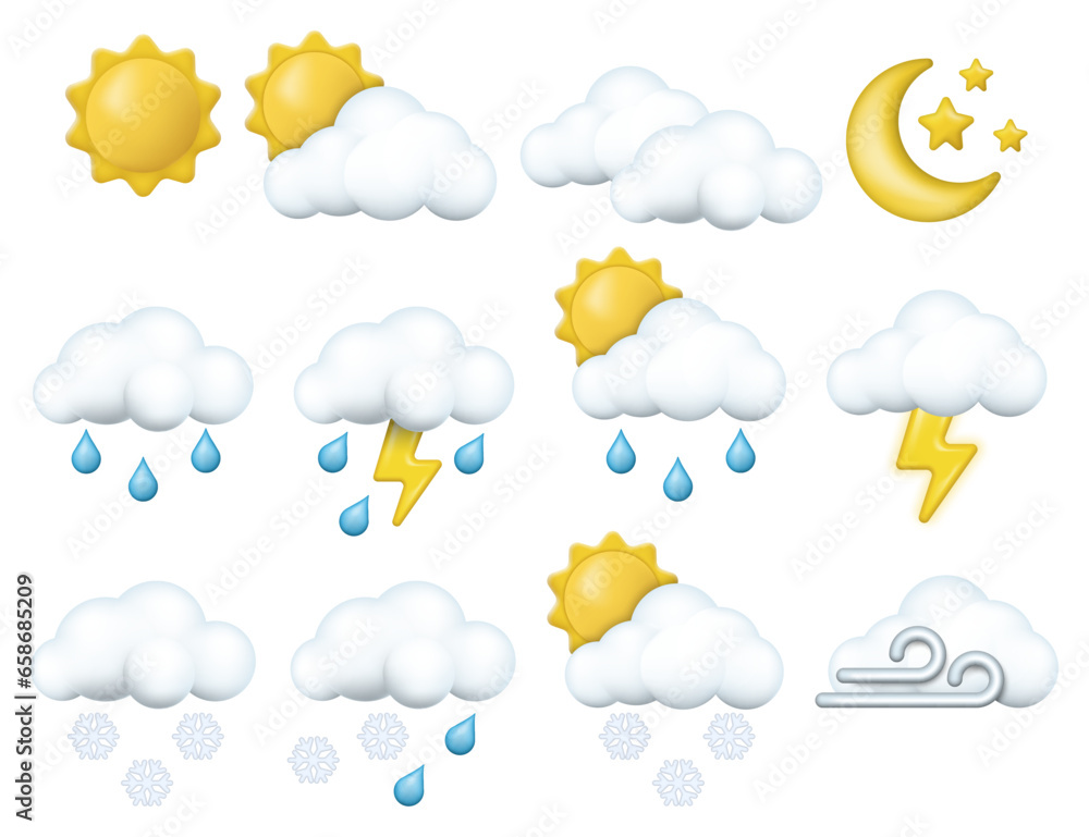 Set of 3d render meteorology icons. Weather conditions and various forecast icons. Vector illustration. Set of 3d render meteorology icons. Weather conditions and various forecast icons. Vector illustration.