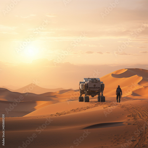 a man and a robot walking through desert landscape