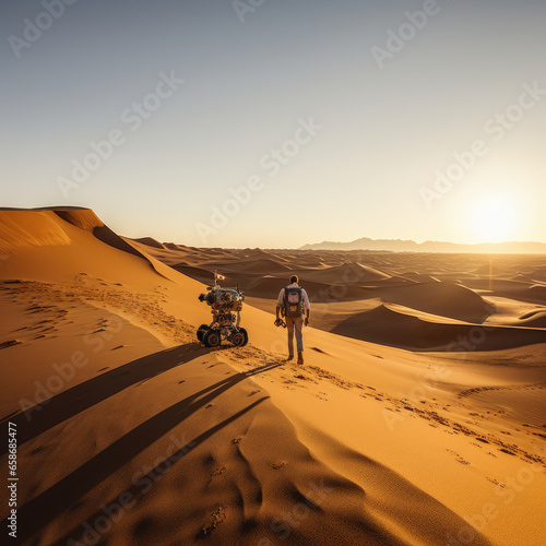 a man and a robot walking through desert landscape