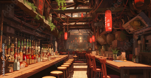 Sake Symphony: Anime-style Illustration of a Cozy Bar Scene, Generative AI