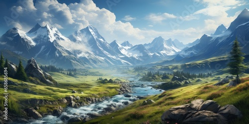 Beautiful Fantasy Meadow and Mountains Landscape Panorama. Generative AI Illustration.