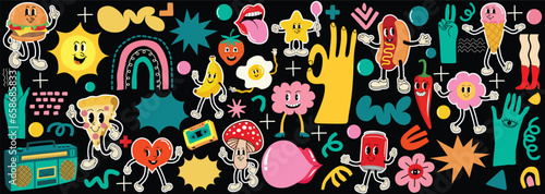 Various retro patches, stickers or stamps and pins with abstract funny cute comic characters. 