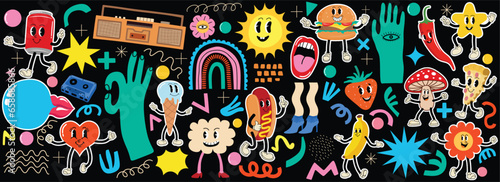 Various retro patches, stickers or stamps and pins with abstract funny cute comic characters. 