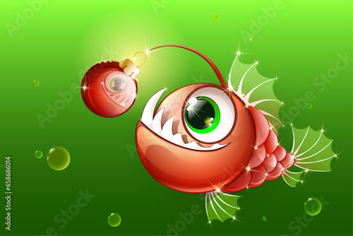 Funny cartoon red anglerfish with Christmas ornament on the lure. 