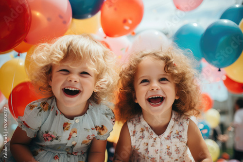Happy children with colored balloons having fun