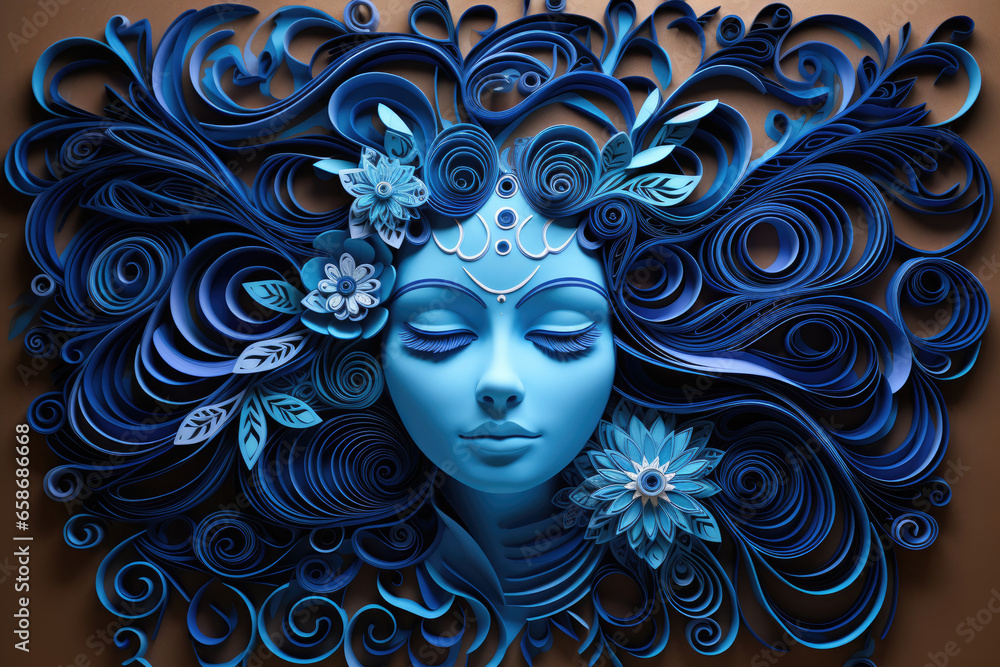 Portrait of a woman with luxurious hair with flowers in quilling style made from blue paper Portrait of a woman with luxurious hair with flowers in quilling style made from blue paper