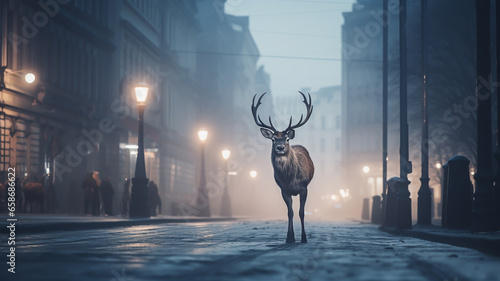 Fototapeta Naklejka Na Ścianę i Meble -  Reindeer on a foggy city street. AI generated