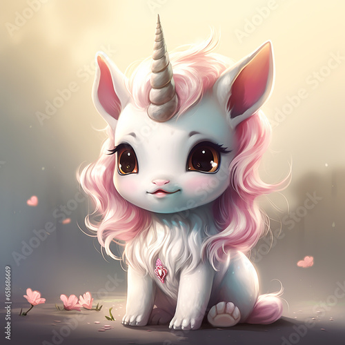 Cute cartoon of a baby unicorn, for illustration in children's books. AI generated