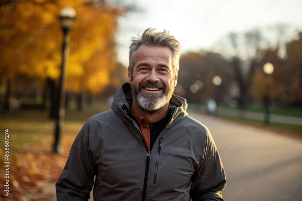 Smiling senior man in sportswear jogging in the park, healthy sports lifestyle concept