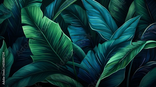 Abstract Background of illustrated Tropical Leaves. Exotic Wallpaper in turquoise Colors