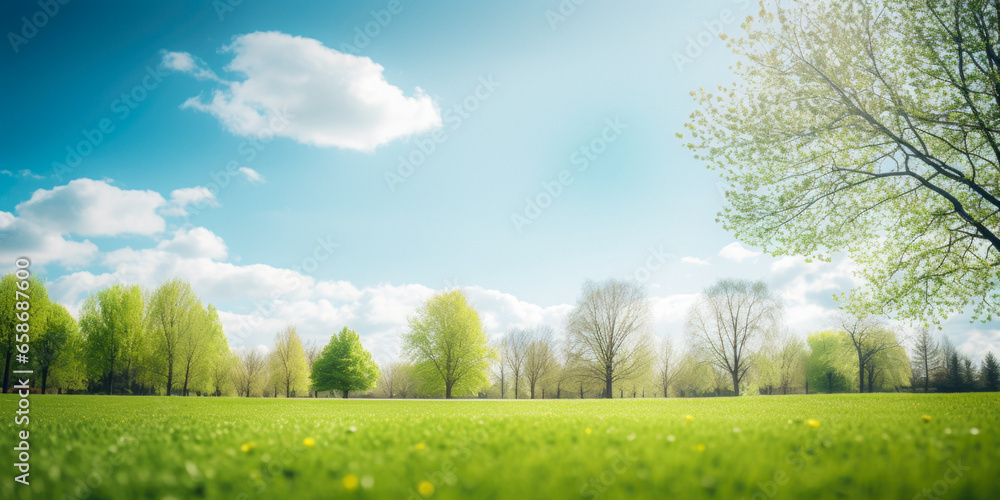 Fototapeta premium Forest Glade With Trees On The Horizon On A Blue Sky Background Created Using Artificial Intelligence