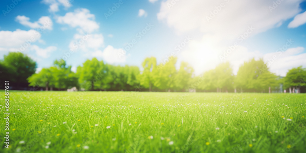 Fototapeta premium Forest Glade With Trees On The Horizon On A Blue Sky Background Created Using Artificial Intelligence